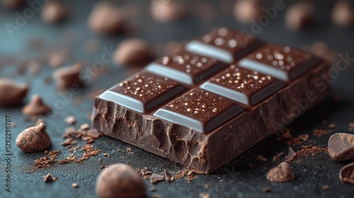 A high-resolution, realistic picture of an opulent chocolate bar that appears to have been taken by a professional photographer. The chocolate bar has a smooth, glossy texture and is made of milk choc