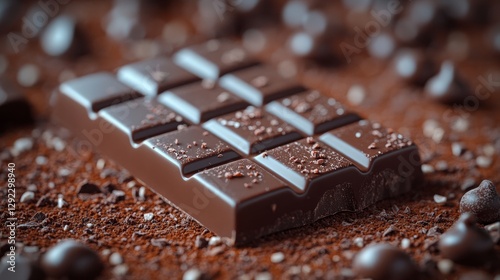 A high-resolution, realistic picture of an opulent chocolate bar that appears to have been taken by a professional photographer. The chocolate bar has a smooth, glossy texture and is made of milk choc photo