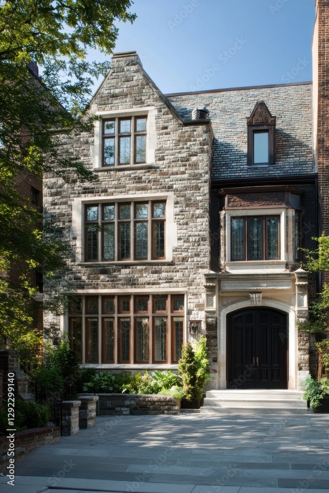 Beautiful stone house with large windows in a sunny residential neighborhood showcasing elegant architecture and well-maintained landscaping Beautiful stone house with large windows in a sunny residential neighborhood showcasing elegant architecture and well-maintained landscaping