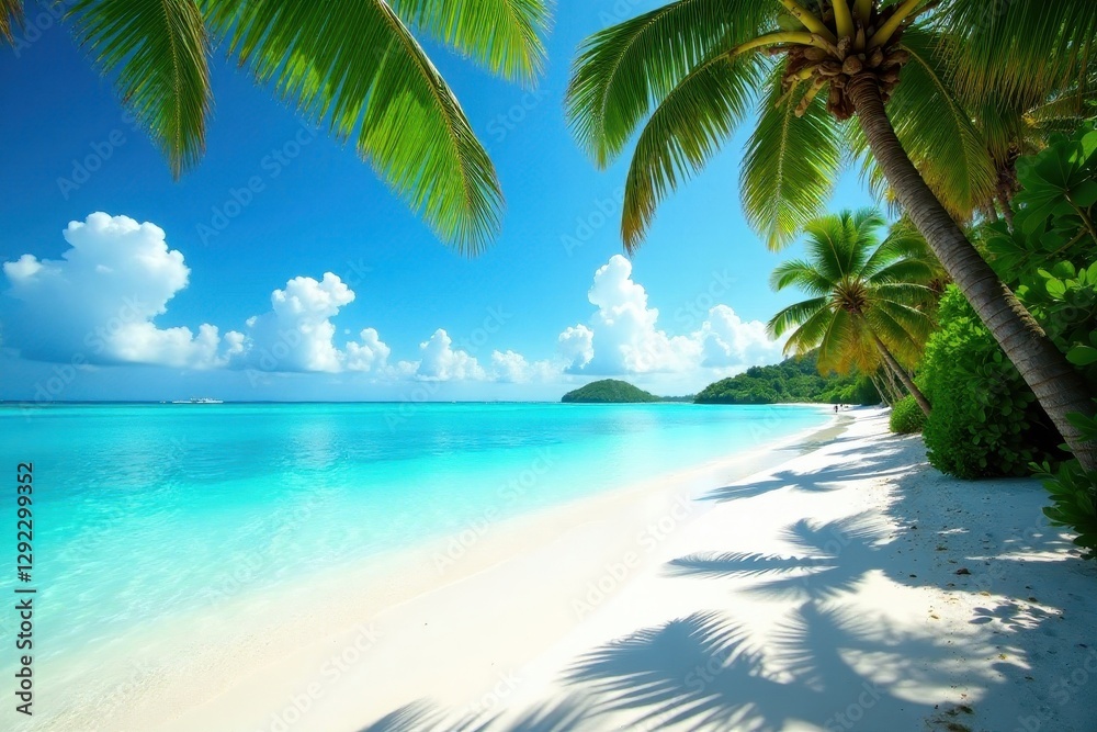 Fototapeta premium Soft white sand meets crystal-clear aqua ocean, swaying palm trees frame the idyllic scene , landscape, holiday, island escape