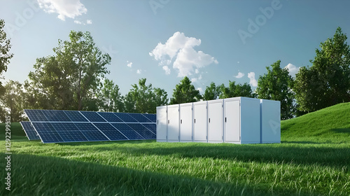 Obraz na płótnie Solar Panel Energy Storage System in Green Field w salonie