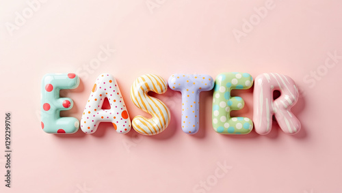 Colorful letters spelling easter are arranged on a soft pink background creating a cheerful atmosphere. The vibrant colors and patterns enhance the spring theme for festivities and celebrations
