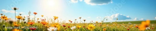 Sunlit flower meadow against a vast azure sky , artwork, peaceful