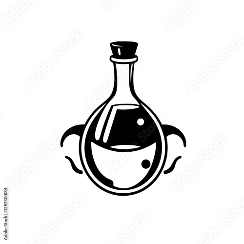 Black and White image of a potion bottle filled with liquid.