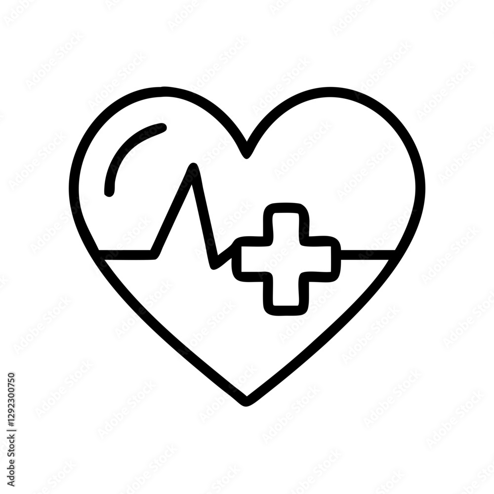 Clean line drawing combines heart with plus symbol and cardiogram. Medical icon shows vital signs monitoring. Concept: Medical clinics, Cardiology centers, Healthcare providers Clean line drawing combines heart with plus symbol and cardiogram. Medical icon shows vital signs monitoring. Concept: Medical clinics, Cardiology centers, Healthcare providers