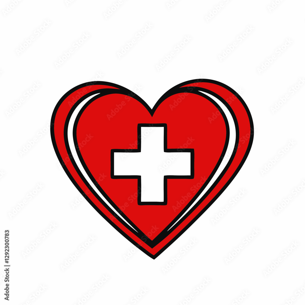 Red heart with white cross on layered design. Swiss-inspired medical symbol on clean background. Healthcare and emergency services concept. Red heart with white cross on layered design. Swiss-inspired medical symbol on clean background. Healthcare and emergency services concept.