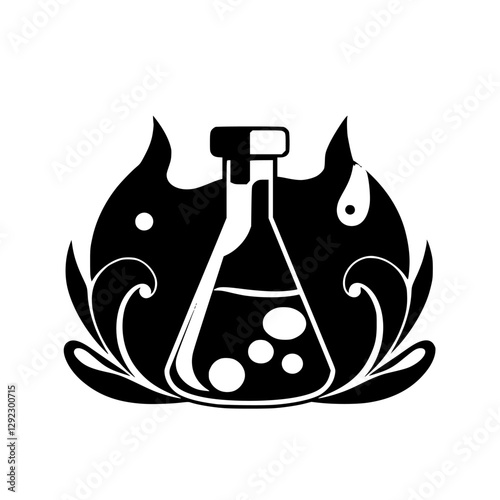 Elegant Black-and-White Chemical Lab Flask Illustrative Design, showing a flame, and a classic scientific flask with liquid.