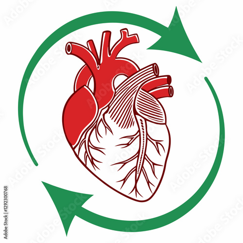 Detailed anatomical heart within green recycling symbol. Clean graphic design emphasizes organ donation cycle. Concept: Transplant centers, Organ donation programs, Medical education