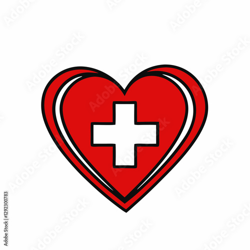 Red heart with white cross on layered design. Swiss-inspired medical symbol on clean background. Healthcare and emergency services concept.