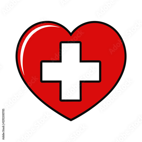 Red heart emblem with white cross symbolizes medical care. Clean professional healthcare design. Universal medical symbol.Medical Services, Emergency Care, Health Organizations