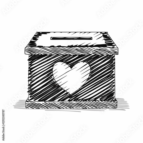 Hand-drawn donation box with heart detail features hatched texturing. Simple sketch promotes charitable giving. Ideal for fundraising events. Charity Organizations, Religious Institutions