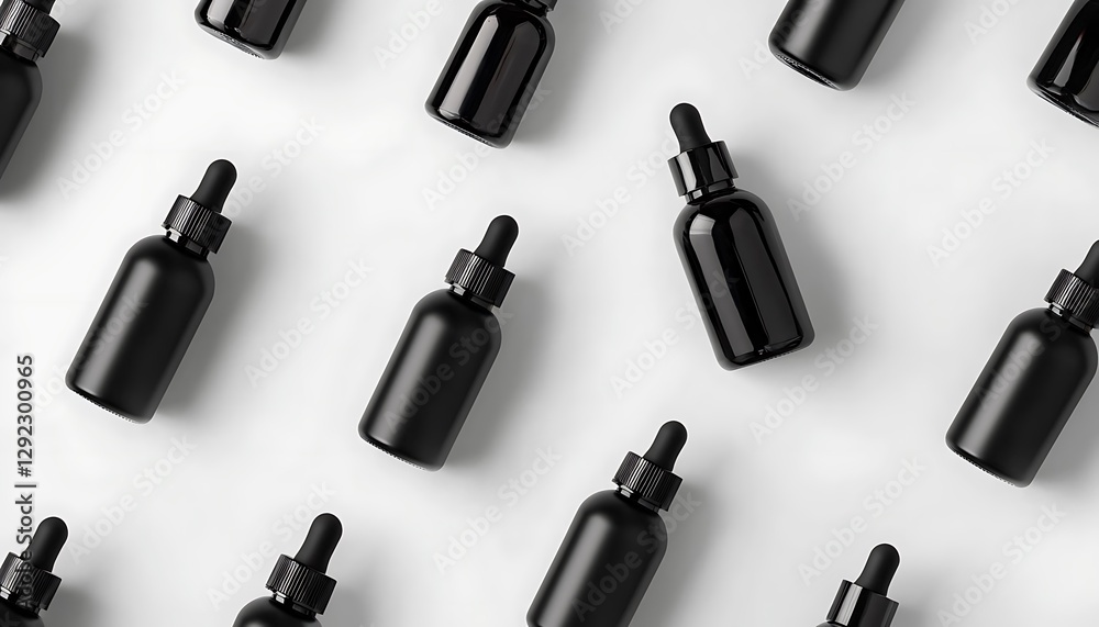 Naklejka premium Minimalist black beauty product bottles displayed on a white background, perfect for showcasing modern skincare and haircare packaging