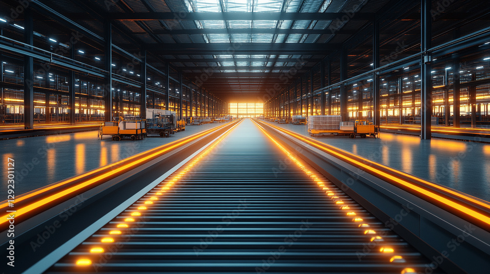 A shiny metal 3D conveyor belt system in an industrial factory setting, reflecting light from above. Overhead view of a modern empty warehouse with sleek surfaces and geometric patterns A shiny metal 3D conveyor belt system in an industrial factory setting, reflecting light from above. Overhead view of a modern empty warehouse with sleek surfaces and geometric patterns