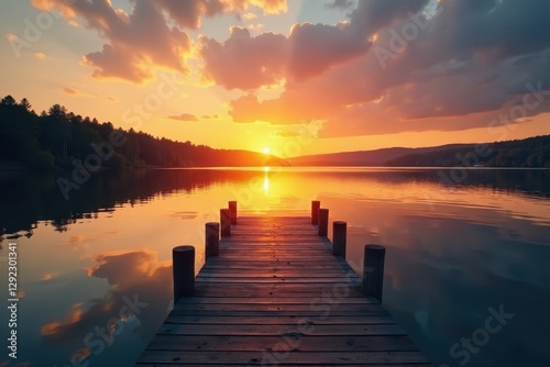 Golden sunset reflects on calm lake water, dock extends into view , golden hour, evening