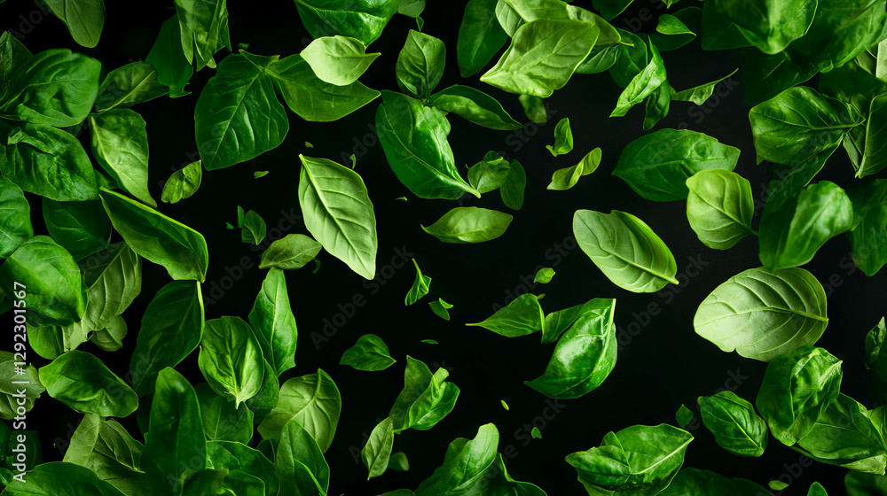 Vibrant green basil leaves falling on dark background for culinary design