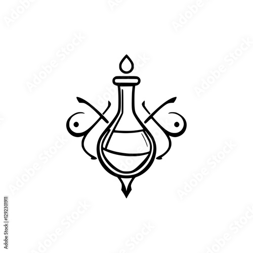 A minimalist, illustrative black and white logo of a flask, featuring a droplet and decorative flourishes.