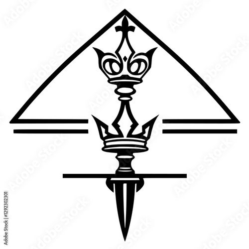 Abstract geometric representation of a heraldic crest with a crown, within a black outlined triangle.
