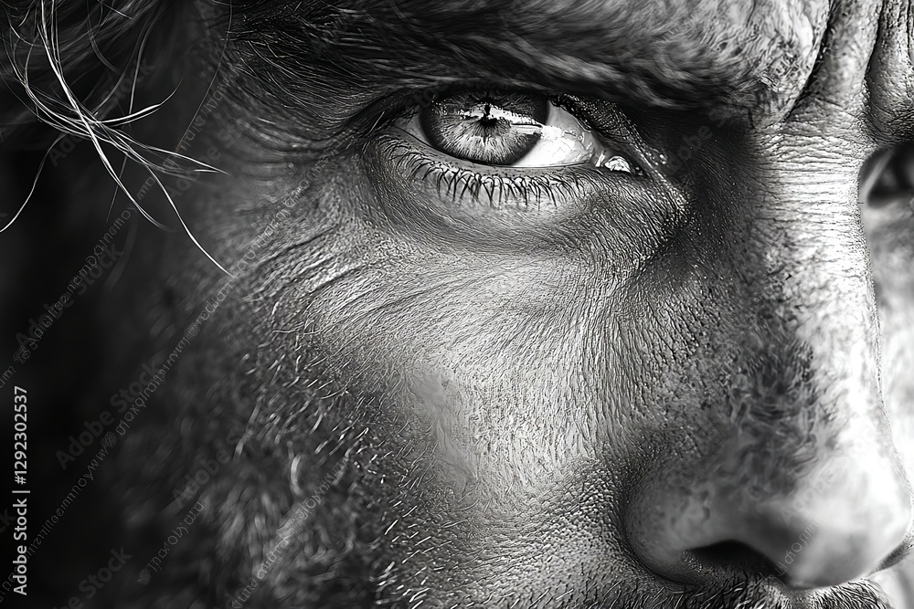 Naklejka premium An emotional black-and-white photo of a close-up of the face of an elderly craftsman with wrinkles on his face and a stubborn and proud appearance.