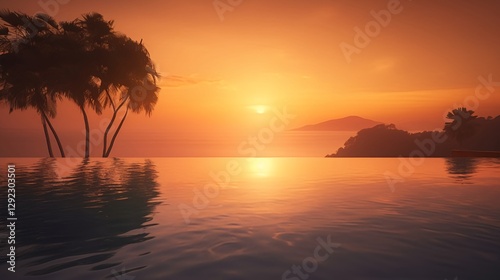 A luxurious infinity pool overlooking the ocean, with tropical sunsets in the background and warm ambient lighting.
