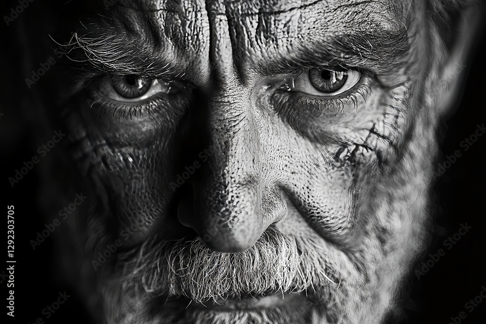 Obraz premium An emotional black-and-white photo of a close-up of the face of an elderly craftsman with wrinkles on his face and a stubborn and proud appearance.