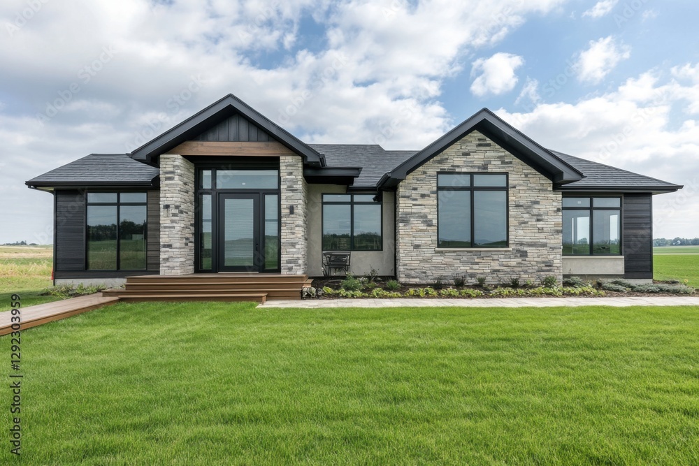 Modern suburban house with large windows and a landscaped yard set against a backdrop of open fields under a partly cloudy sky Modern suburban house with large windows and a landscaped yard set against a backdrop of open fields under a partly cloudy sky