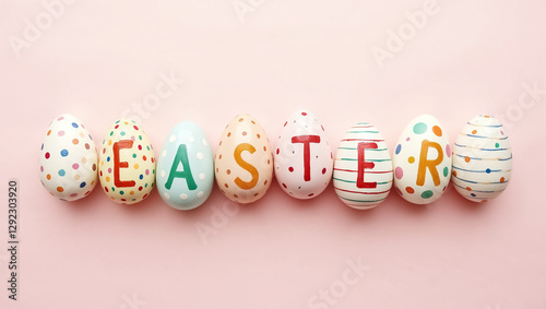Colorful eggs decorated with dots and letters are arranged on a pink background, showcasing bright designs for the Easter celebration. This festive setup is inviting and cheerful