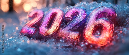Thick numbers signifying the year 2026 shine in holographic colors on a cotton ball as if snow has fallen.