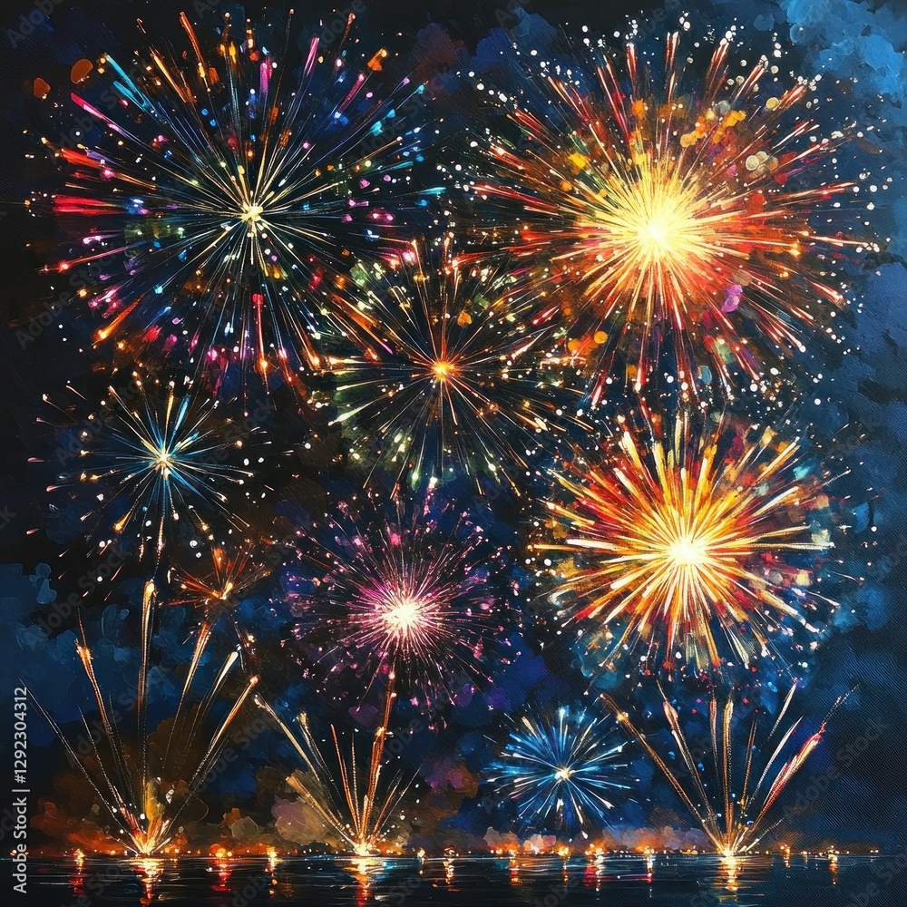 Naklejka premium Vibrant Fireworks Display in Impressionism Style with Colorful Explosions and Light Reflections in Dark Night Sky
