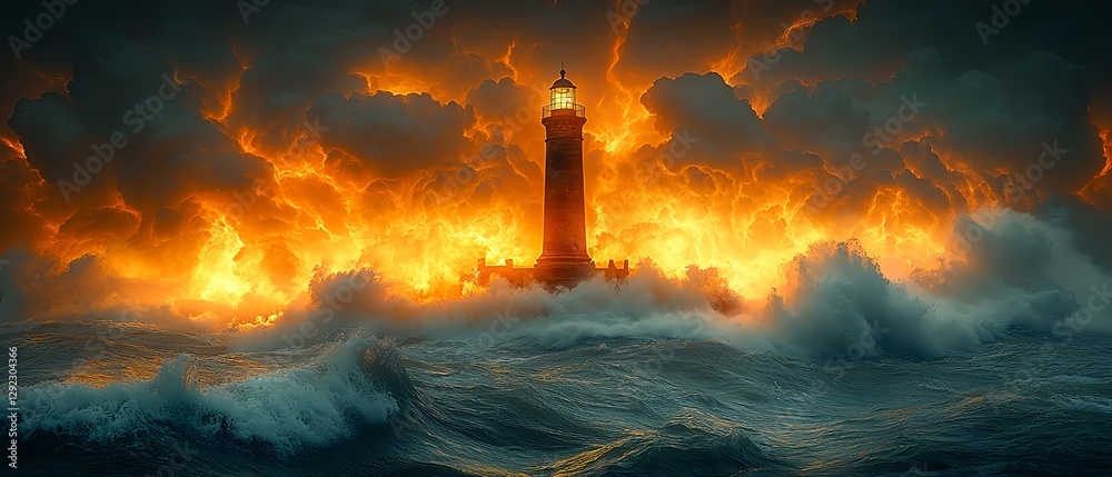 An artistic image of a lantern standing alone amidst strong waves, thick red clouds, and billowing smoke caused by a typhoon or strong wind. An artistic image of a lantern standing alone amidst strong waves, thick red clouds, and billowing smoke caused by a typhoon or strong wind.