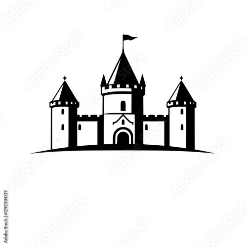 Black and White Castle in a minimal logo composition. Silhouette of a medieval castle with crenellated walls.
