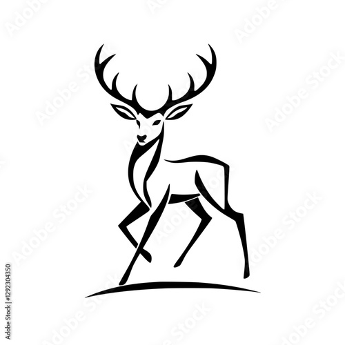 Regal Stag: A minimalist black and white line art illustration of a standing deer with antlers on a plain white background.