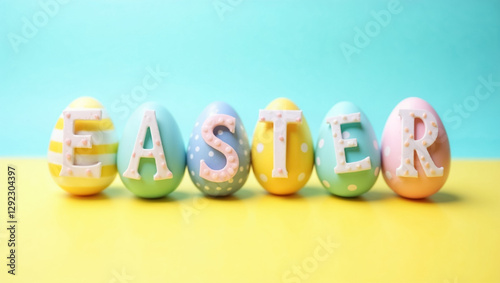 Colorful eggs shaped and decorated with pastel colors are arranged to spell out the word Easter. The vibrant eggs are on a bright yellow surface, creating a cheerful festive atmosphere