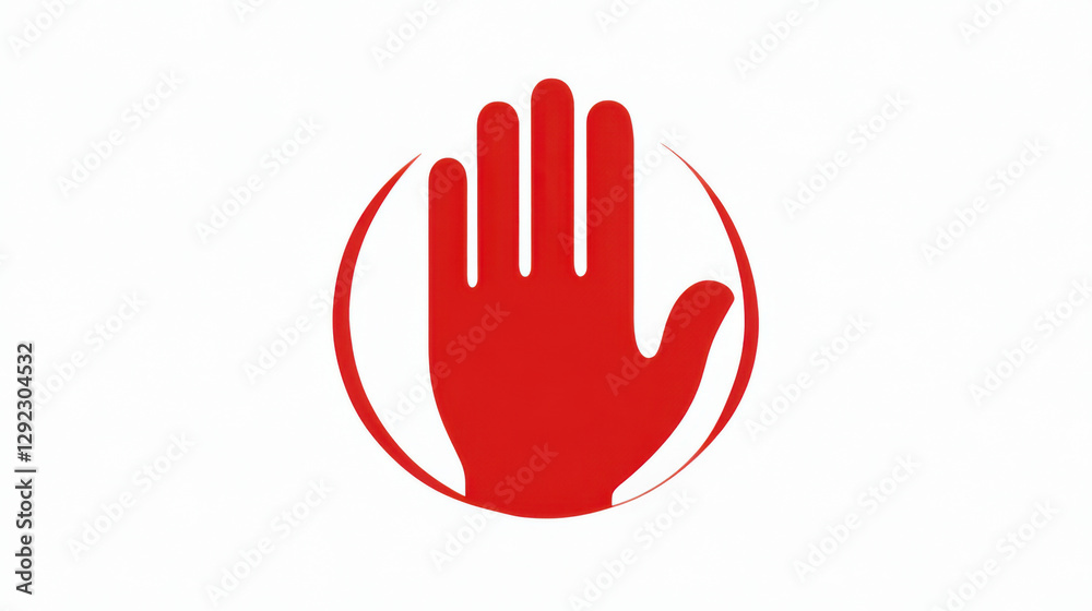 Minimalist red hand gesture icon within circular design, symbolizing stop or pause. This striking image conveys clear message of caution Minimalist red hand gesture icon within circular design, symbolizing stop or pause. This striking image conveys clear message of caution