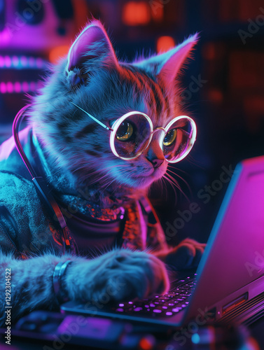 A focused cat wearing round glasses, typing on a sleek laptop