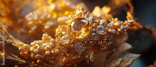 Close-up photo of an accessory with detailed work and decoration, studded with large orange gems and decorated with small gemstones.