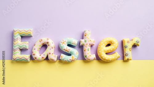 Colorful letters spelling Easter are arranged on a pastel purple and yellow backdrop. The vibrant decorations are ideal for spring celebrations and holiday events