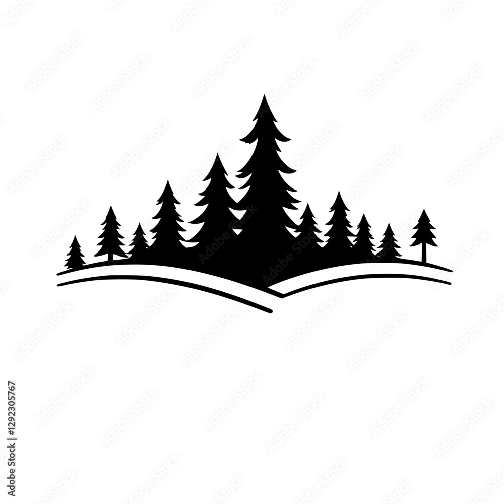 Obraz premium , A background illustration of a drawing scene, with a silhouette, of a landscape of the forest.Keywords Trees,trees,nature, peaks of the forest. Trees, pine trees, pine trees, mountains, trees, pea