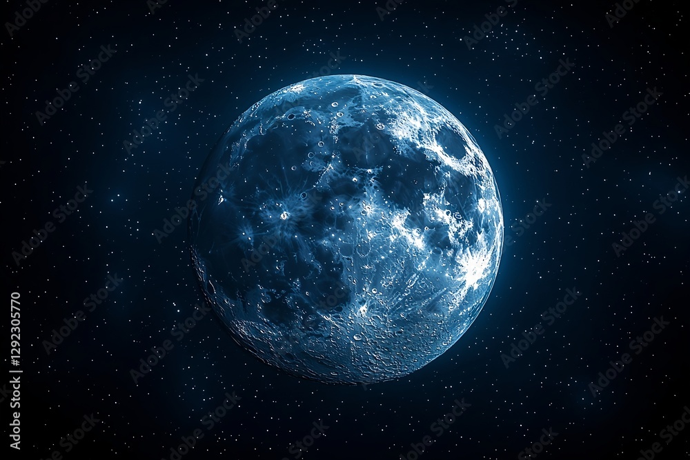 Fototapeta premium A large full moon emitting blue light in the black space of space