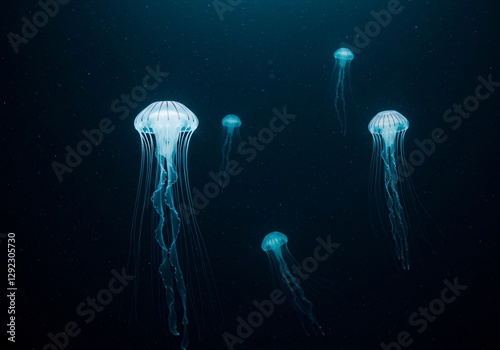 Bioluminescent underwater scene with glowing jellyfish drifting in the deep sea