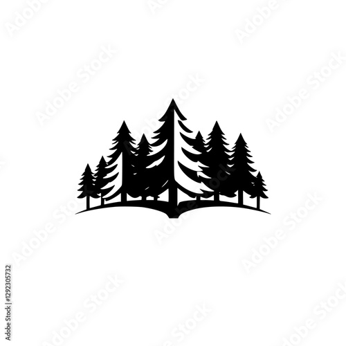 Black silhouette of coniferous trees on a white background, a minimalist, graphic style.