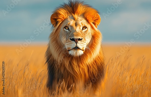 A majestic wild male lion standing alone among the bushes of a dry grassland, staring straight ahead.