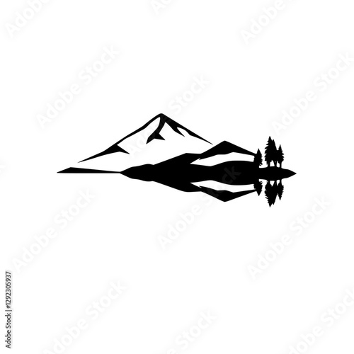 Silhouette of a mountain range with trees reflected in water, black on white, minimalist.