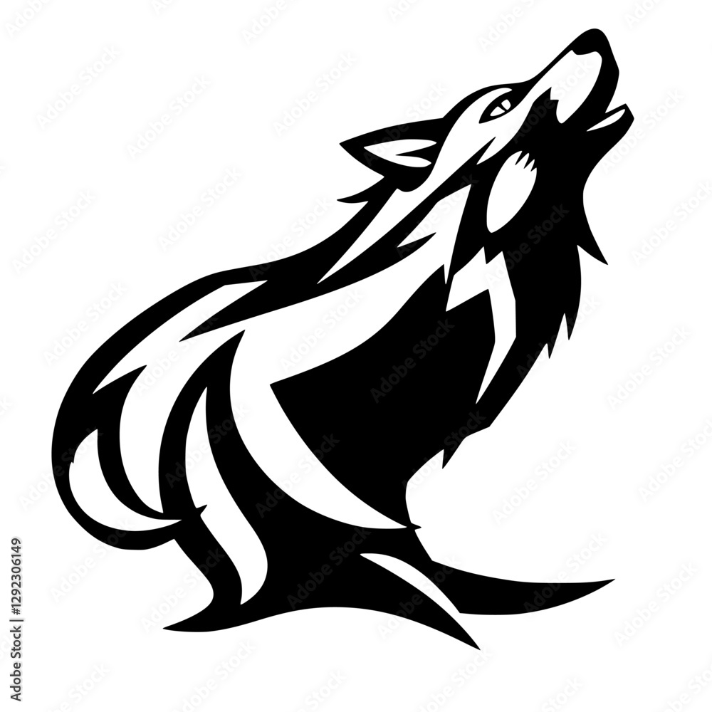 Obraz premium Black and White Wolf Howling Silhouette, Stylized Silhouette of a Wolf with a Howling Posture on a white background.