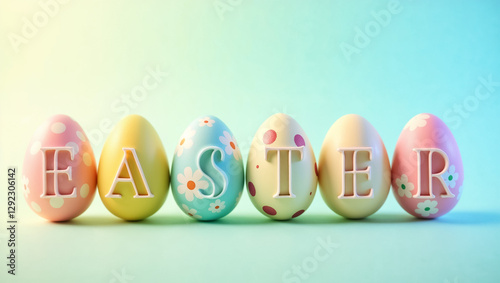 Colorful Easter eggs are arranged to spell out Easter. Each egg has unique patterns and colors set against a soft turquoise background, creating a festive atmosphere