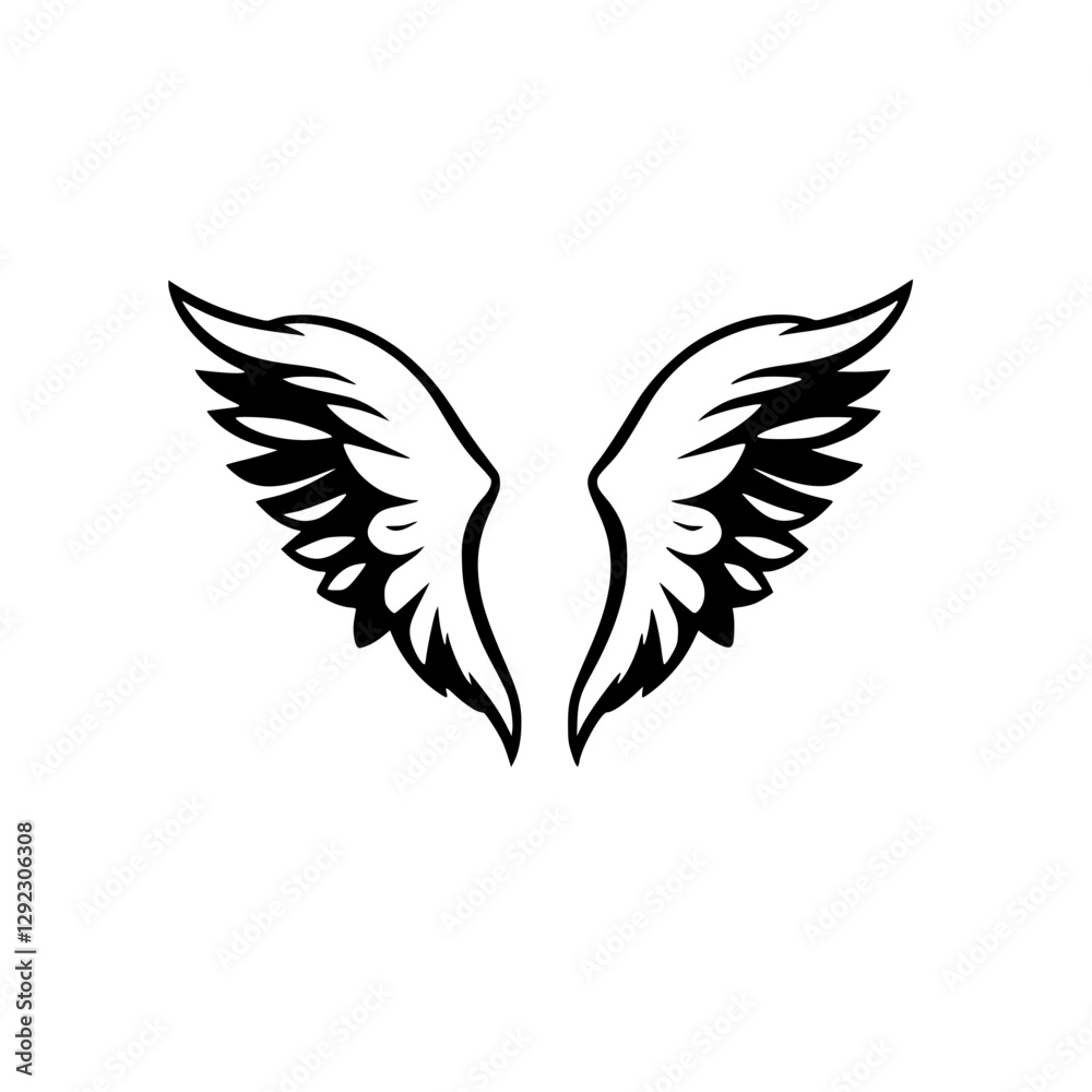Black and white angel wings, a minimalist image of the wings, perfect for a tattoo or logo. The image is very clean and crisp. Black and white angel wings, a minimalist image of the wings, perfect for a tattoo or logo. The image is very clean and crisp.