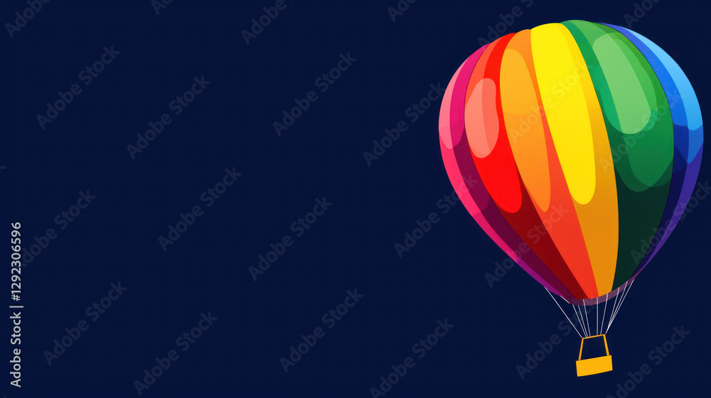 Fototapeta premium A Rainbow coloured hot air balloon rising against dark sky backdrop, symbolizing freedom and rights activism