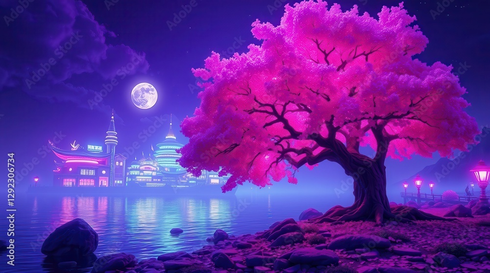 Obraz premium Romantic Nighttime Pink Flowering Tree with Moon and Neon City Reflection on Water