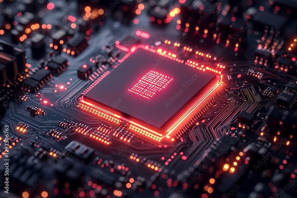 It has a futuristic appearance with a large and wide ultra-high-performance red light-emitting CPU chipset mounted on a complex, cutting-edge electronic circuit board containing future technology that It has a futuristic appearance with a large and wide ultra-high-performance red light-emitting CPU chipset mounted on a complex, cutting-edge electronic circuit board containing future technology that