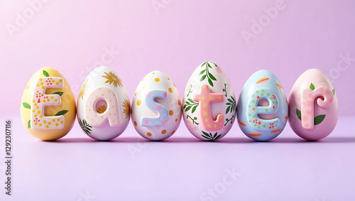 Decorative Easter eggs arranged to spell Easter create a festive atmosphere for spring celebrations. They rest on a smooth pastel backdrop, enhancing the joyful vibe of the season