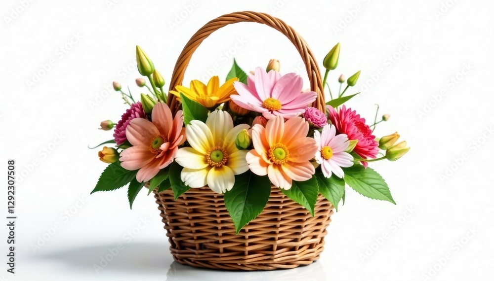 A charming wicker basket filled with a delightful array of wildflowers on a stark white backdrop , blossom, light A charming wicker basket filled with a delightful array of wildflowers on a stark white backdrop , blossom, light